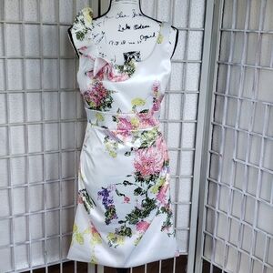Maeve White Satin Floral Ruffle Sheath Dress